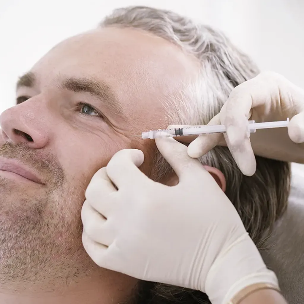 Ein Mann lässt seine Lachfalten mit Botox in der Praxis von Lariana Tsiknidi in Neubrandenburg behandeln.